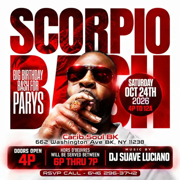 Scorpio Bash: Big Birthday Bash for Parys flyer, Carib Soul BK Brooklyn