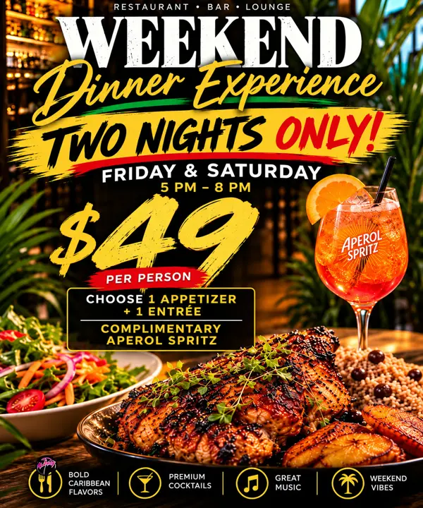 Weekend Dinner Experience flyer, Carib Soul BK Brooklyn